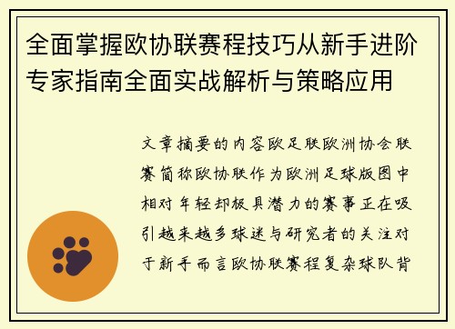 全面掌握欧协联赛程技巧从新手进阶专家指南全面实战解析与策略应用