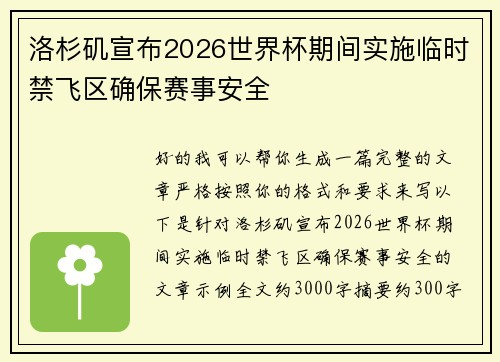 洛杉矶宣布2026世界杯期间实施临时禁飞区确保赛事安全