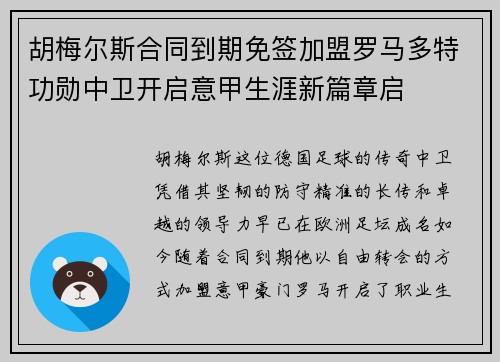 胡梅尔斯合同到期免签加盟罗马多特功勋中卫开启意甲生涯新篇章启